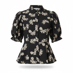 NWT Black Short Sleeve Blouse with Cream Floral Motif and Peplum Hem - Size S